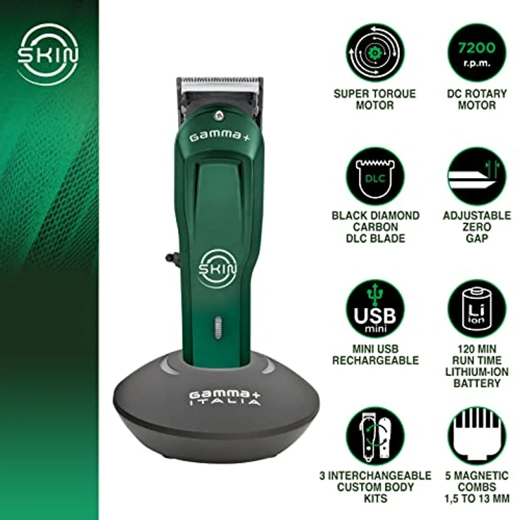 Gamma Piu GAMMAPIU' Skin Bulk Balding Clipper Professional Men's Hair Clipper Super Trimmer Rotating Motor Adjustable Blade 45mm Zero-Gap 2 Hours Cordless Runtime 3 Covers 5 Combs, DLC Black Diamond Carbon Blade, Red – Bild 3