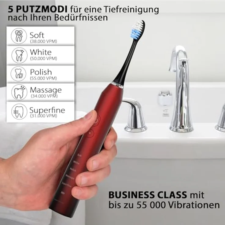 Tristan Auron Schallzahnbürste Business Class – 55.000 Schwingungen & 5 Putzmodi – Elektrisch & leise – inkl. UV-Reiseetui & 6 Aufsteckbürsten – 60 Tage Akku (Rot) – Bild 6