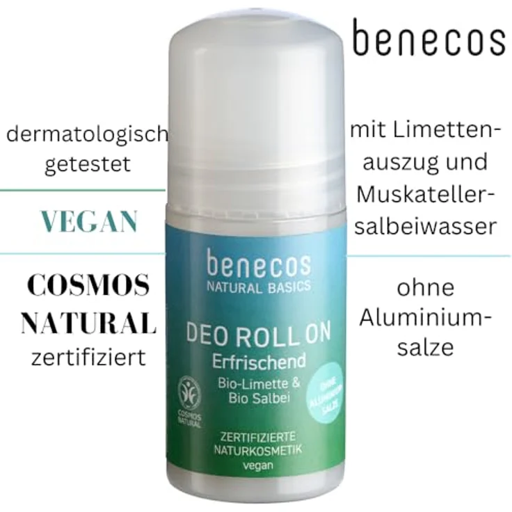 Benecos Deo Roll-on Limette & Salbei, 50ml - Aluminiumfrei, dermatologisch getestet, PETA approved – Bild 3