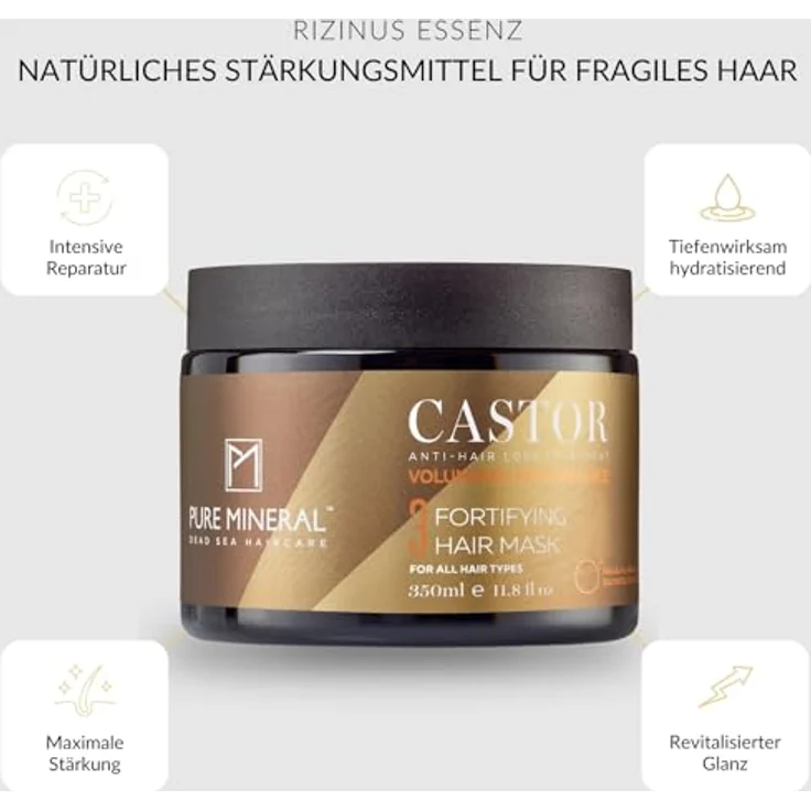 M PURE MINERAL DEAD SEA COSMETICS Pure Mineral Haarmaske mit Rizinusöl, 350ml - Stärkt und spendet Feuchtigkeit für schwaches Haar, mit Omega-9, ohne Sulfate, Parabene und Petrolate – Bild 2