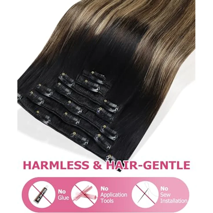 YoungSee Clip-in Extensions Echthaar 80g, Schwarz Balayage 1B/4/27, Remy Haarverlängerung mit Silikon-Clips, hitzebeständig und pflegeleicht – Bild 5