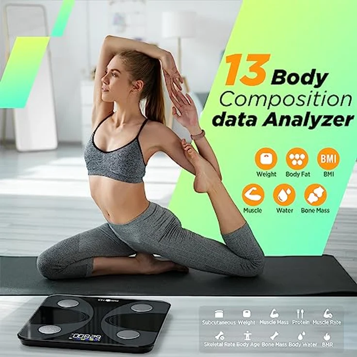 RunSTAR Körperfettwaage, Digitale Personenwaage mit großem LCD-Display, Analysator für 13 Körperwerte, App-Synchronisierung, bis zu 24 Benutzerprofile, weiß – Bild 3