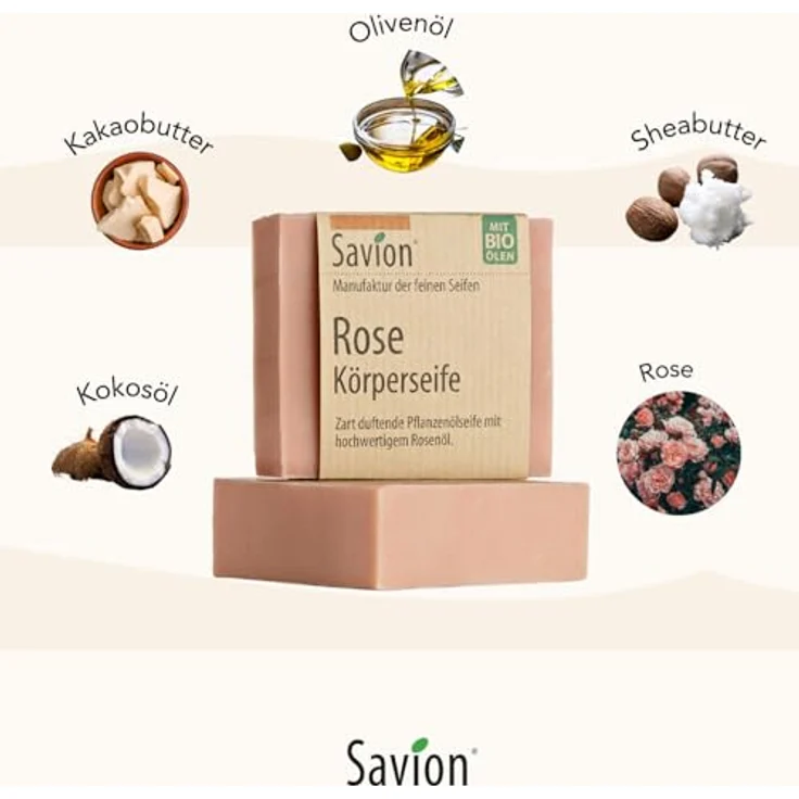Savion Rose Körperseife mit Rosenöl, vegan, palmölfrei, 80g – Bild 4