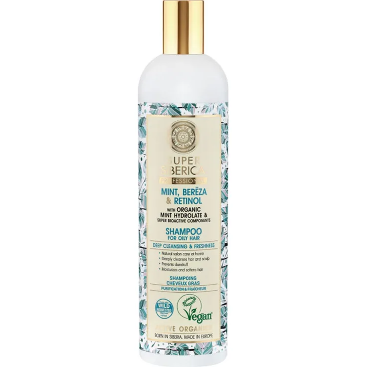 Natura Siberica Menta Abedul Retinol Shampoo, 400 ml, für fettiges Haar, vegan, spendet Feuchtigkeit und verleiht Glanz