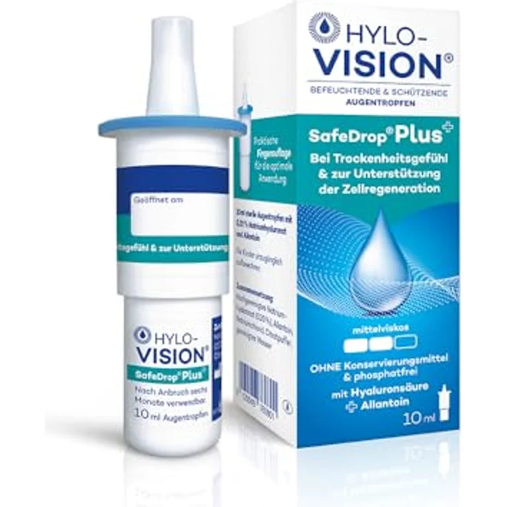 Hylo-Vision SafeDrop Plus Augentropfen – Bei trockenen und gereizten Augen, unterstützt die Zellregeneration, mittelviskos, konservierungsmittelfrei, geeignet bei Kontaktlinsen, 10 ml – Bild 1