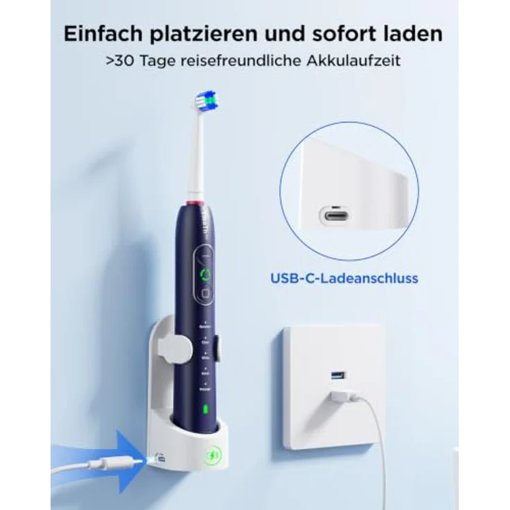 YTEATH PRO Rotierende Zahnbürsten für Erwachsene und Kinder, 8 Aufsteckbürsten, 3 Intensitäten, 5 Modi, Wandhalterung mit Ladefunktion – Bild 2