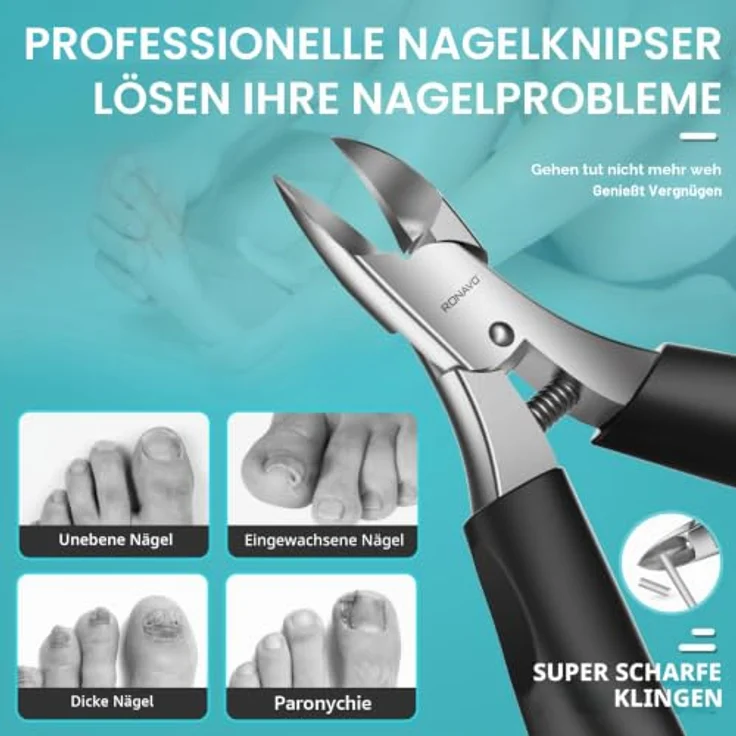 RONAVO Zehennagelschere, Orthopädische Fußnagelzange aus Edelstahl, für tief eingewachsene Nägel, inkl. Ledertasche – Bild 2