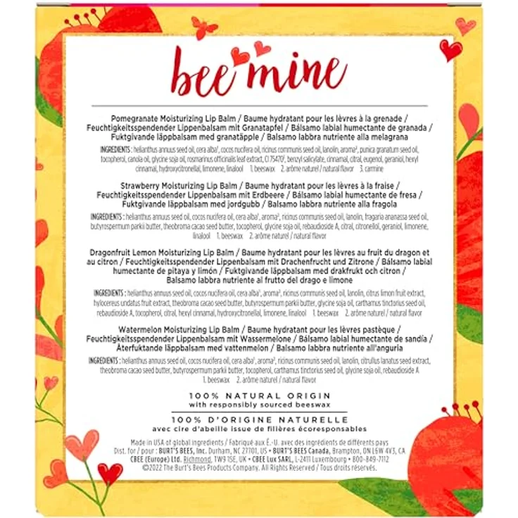 Burt's Bees Bee Mine Lip Balm 4-Pack, 4 x 4,25 g, fruchtige Geschmacksrichtungen: Wassermelone, Drachenfrucht-Zitrone, Erdbeere, Granatapfel, 100 % natürliche Inhaltsstoffe – Bild 11