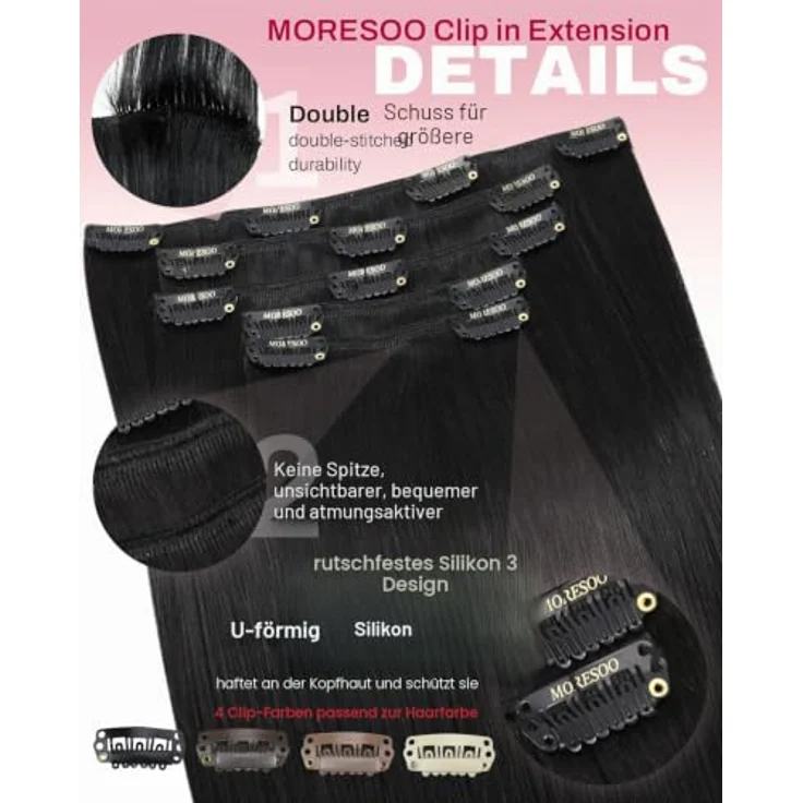 Moresoo Clip-In Echthaar Extensions, Seidig Glatt, 30 cm, 80g, Schwarz #1B, 5 Stück, Leicht und Bequem, Volumen Verstärkung – Bild 4