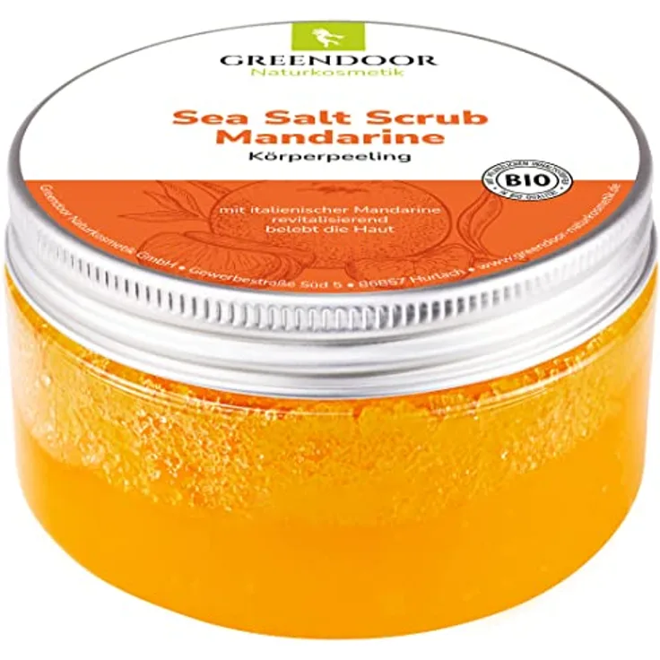 GREENDOOR Körperpeeling Meersalz Mandarine 280g, Naturkosmetik ohne Mikroplastik und Konservierungsstoffe, mit BIO Jojobaöl, Body Scrub, Natur Sauna-Salz
