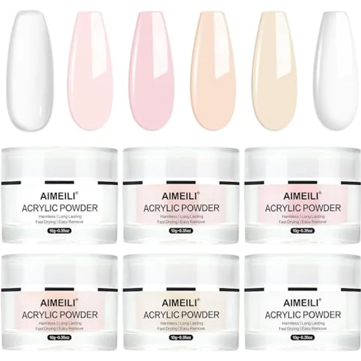 AIMEILI Acryl Nagelset, 6 Farben Acrylpulver für Nägel, klar, weiß, rosa, keine UV-Lampe erforderlich, lufttrocknend, 10g pro Glas