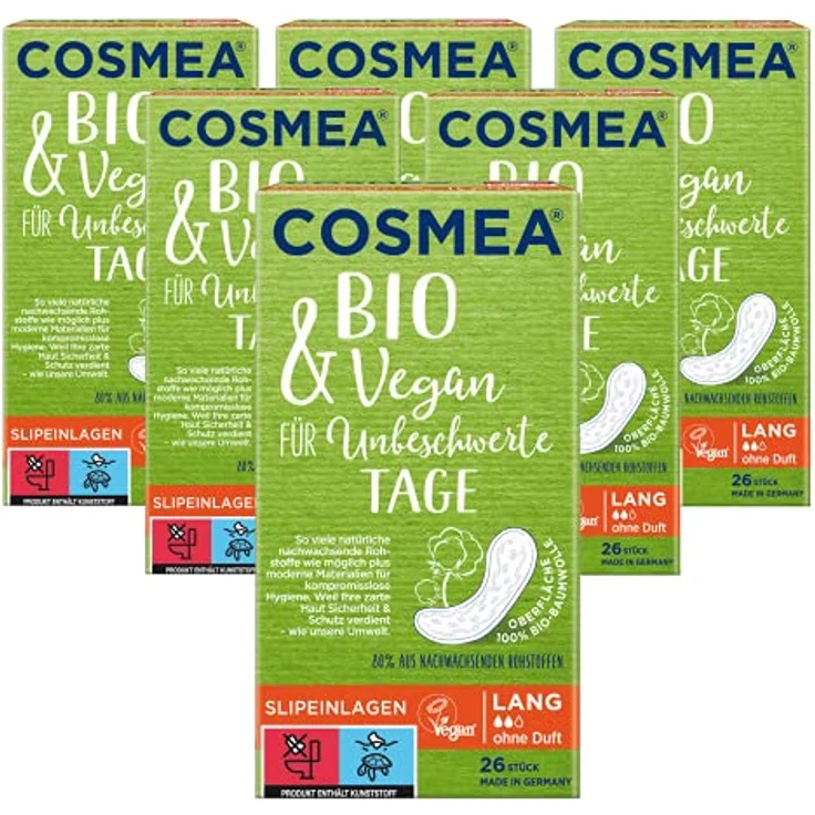 COSMEA Bio & Vegan Slipeinlagen Lang aus Bio-Baumwolle, ohne Chemie & ohne Tierversuche, atmungsaktiv, für leichte Menstruation 26 Stück – Bild 2