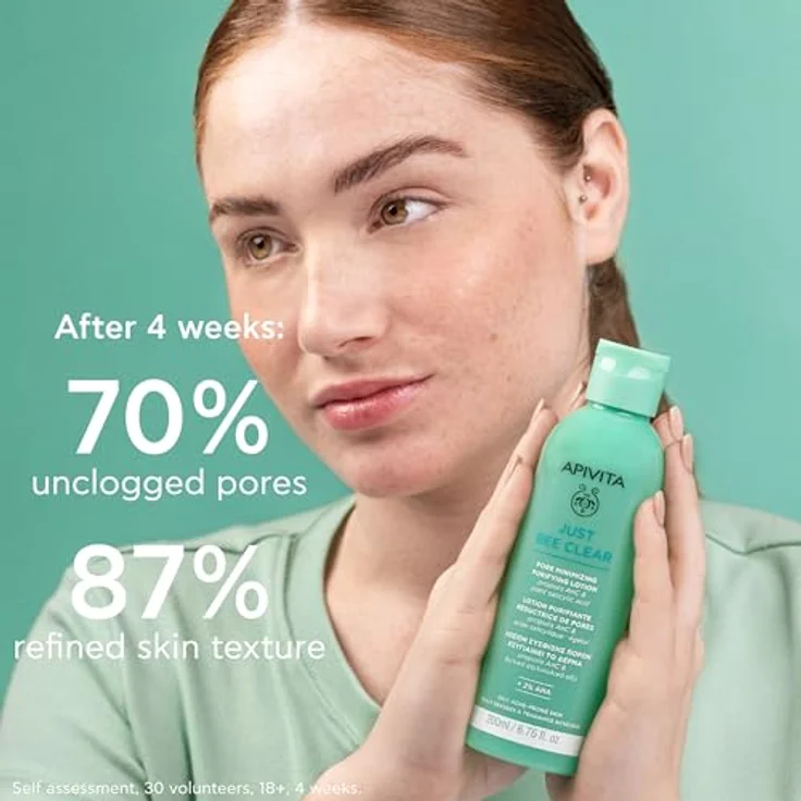 Apivita Just Bee Clear, porenverfeinernde Reinigungslotion für fettige und akneanfällige Haut, mit patentiertem Propolis AmC und pflanzlicher Salicylsäure, 200 ml – Bild 4