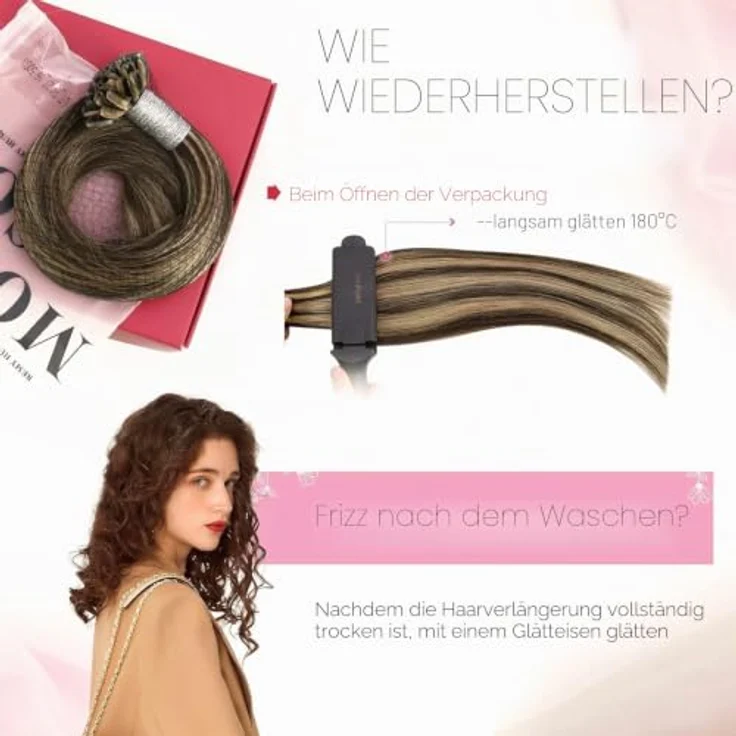 Moresoo U Tip Haarverlängerung 1g Hot Fusion Keratin Extensions, Dunkelbraun mit Karamellblond, 50g, 40 cm Echthaar Remy Pre Bonded – Bild 5