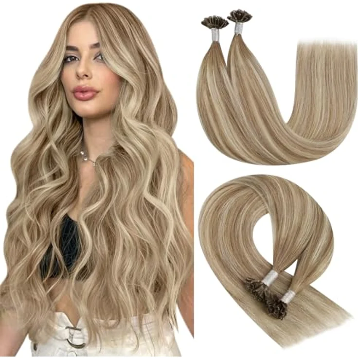 YoungSee Echthaar Bondings Ombre, U Tip Extension 35cm, 40g, Hellbraun-Platinblond, Keratin Bonding Remy, Hot Fusion – Bild 1