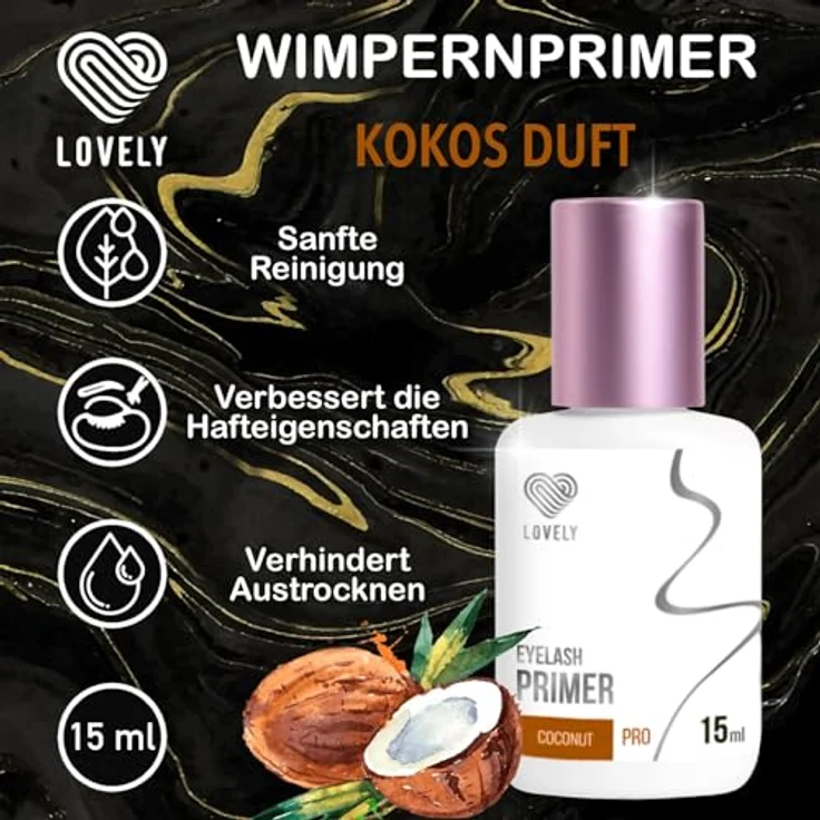 LOVELY Primer für Wimpernverlängerung, 15ml Kokos | Haftvermittler für langanhaltende Wimpernextensions | Professionelle Qualität, Duft: Kokosnuss – Bild 2