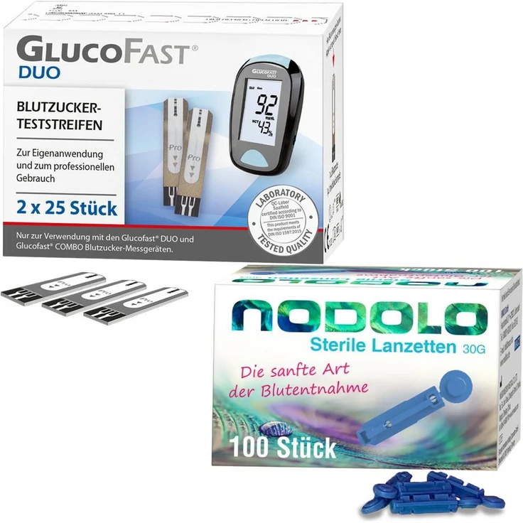 GLUCOFAST Blutzucker-Teststreifen DUO, 50 Stück und 100 NODOLO Lanzetten 30G, Kombiset zur Blutuntersuchung
