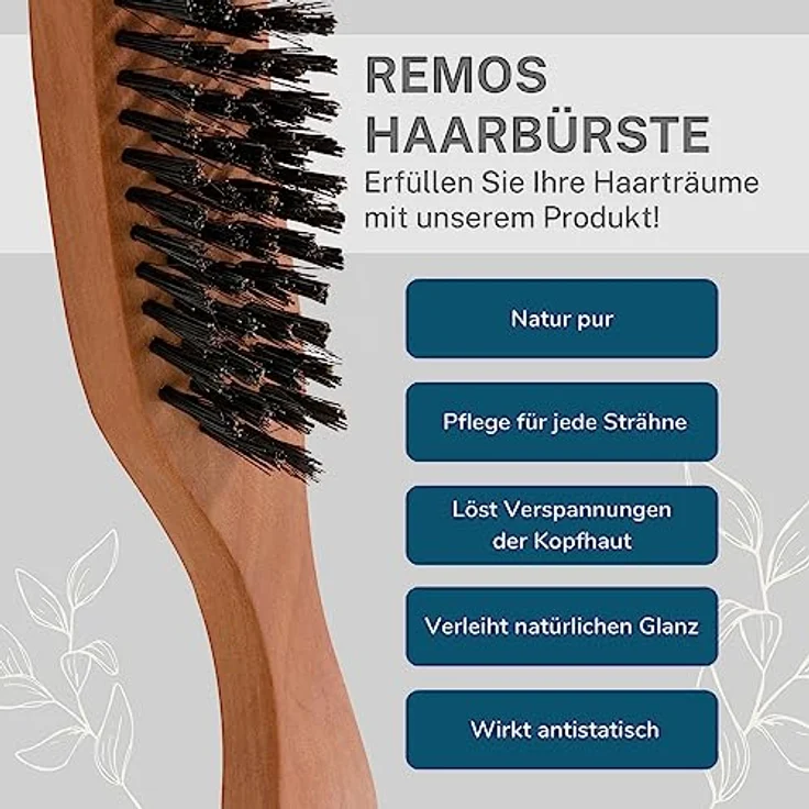 remos professional body care REMOS Haarbürste, 100% Wildschweinborste aus Birnbaumholz, schmaler Griff, ergonomisches Design, plastikfrei – Bild 3