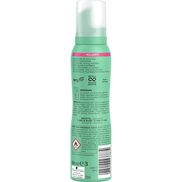 Taft Schaumfestiger Volumen für feines Haar (150 ml) Haltegrad 4, Haarschaum für Volumen und starken Halt, Haarstyling mit 24 Stunden langanhaltendem Halt, vegane Formel – Bild 5