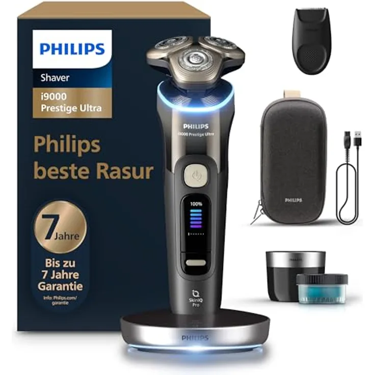 Philips Rasierer i9000 Prestige Ultra, Nass- und Trockenrasierer mit Druck- und Bewegungssensor, Trimmeraufsatz, Reinigungsstation und Ladestation, schwarz (Modell XP9405/31)