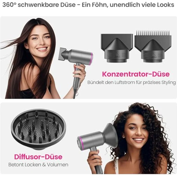 CASAMAA Ionen Föhn AC-Motor Haartrockner, Profi Fön mit 3 Temperaturstufen, 2 Gebläsestufen, Kaltlufttaste, 3 Stylingdüsen & Diffusor, energieeffizientes Design – Bild 4