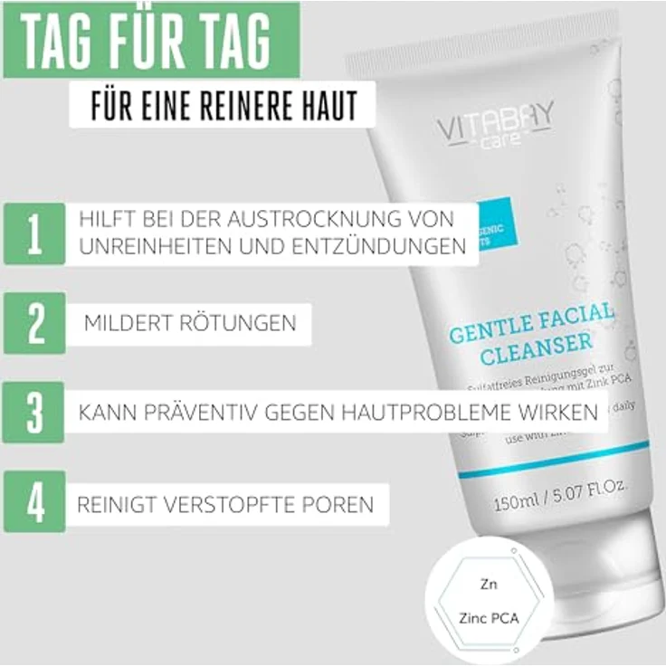 Vitabay Gentle Facial Cleanser zur Gesichtsreinigung 150ml - Reinigungsgel für Gesicht mit Zink PCA - Anti Pickel Waschgel Gesicht - Face Wash Cleanser Gesicht - Gesichtsreiniger Gesichtsreinigungsgel – Bild 4