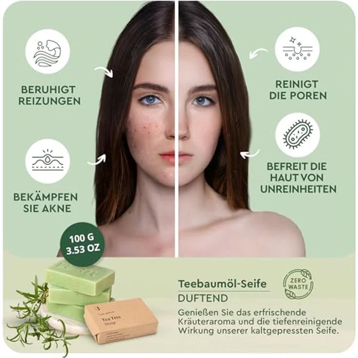 lubiu Teebaumöl Seife Stück, 100g Naturseife zur Bekämpfung von Pickeln und Akne für Gesicht und Körper – Bild 3