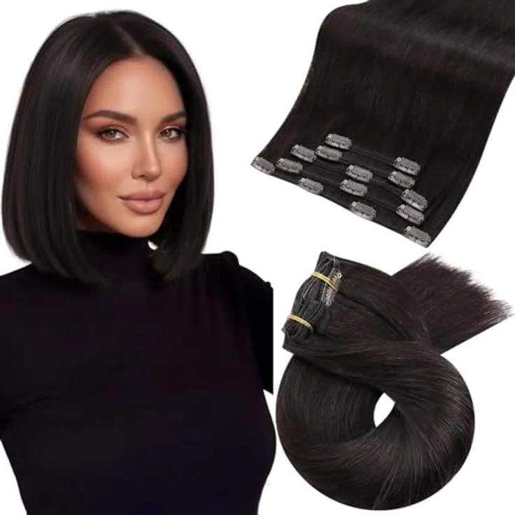 Moresoo Clip in Extensions Echthaar, Glattes 25 cm, 80g, 5 Stück - Seidiges und Langlebiges Haar für Volumen und Styling – Bild 1
