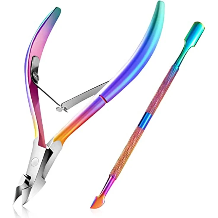 Easkep Nagelhautzange mit Nagelhautschieber, Edelstahl Nagelhautentferner in Regenbogenfarben, ergonomisches Design, langlebig und rostfrei – Bild 1