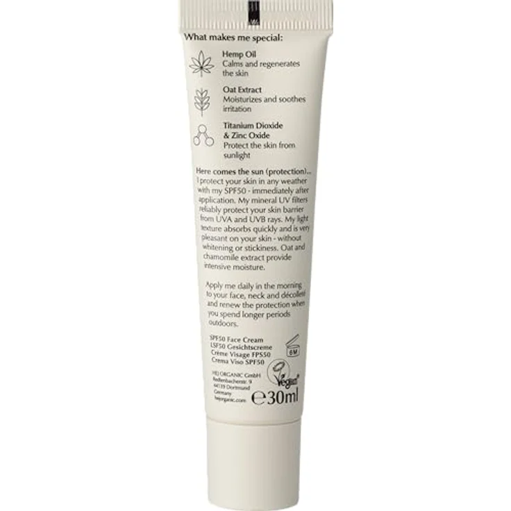 HEJ ORGANIC Sensitive Tagescreme LSF 50 (50ml) – Mineralischer Sonnenschutz für empfindliche Haut mit Hanföl & Kamille, 100% Naturkosmetik, zieht schnell ein – ohne Weißeffekt – Bild 2