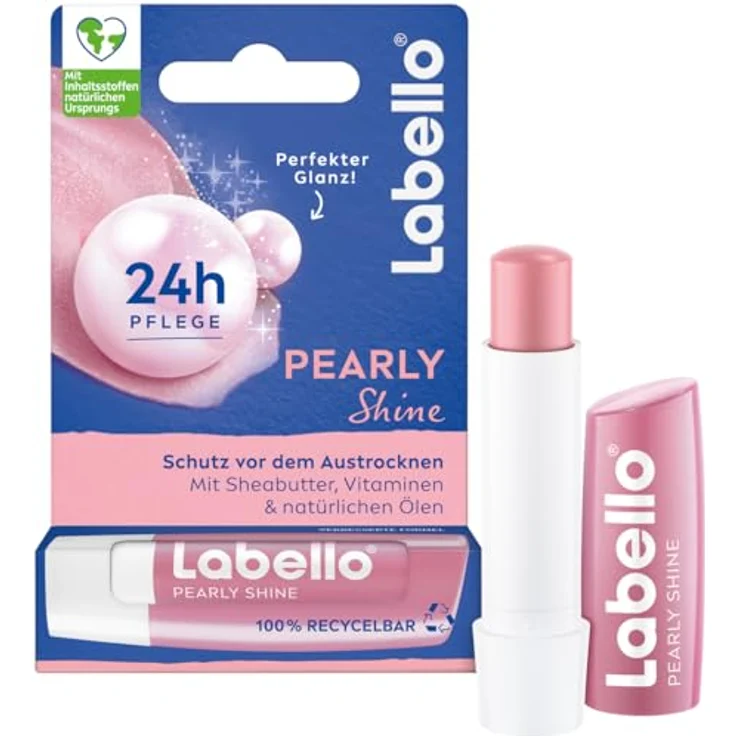 Labello Pearly Shine Lippenpflegestift, schimmernder Perlglanz für 24h Feuchtigkeit, Lippenbalsam mit Sheabutter und natürlichen Ölen, zartes Pastellrosa (4,8 g) – Bild 1
