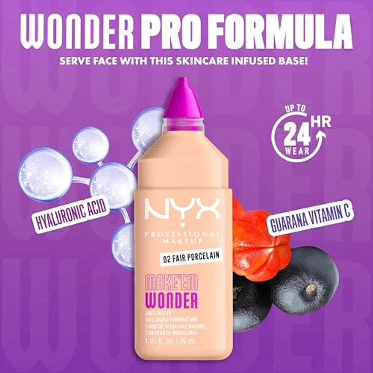 NYX Professional Makeup Make 'EM Wonder Foundation 02 Fair Porcelain, Soft Matte, aufbaubare Formel für ebenmäßigen Hautton – Bild 4