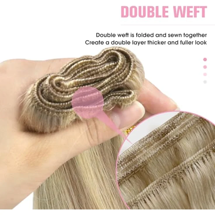 YoungSee Echthaar Tressen Goldblond, 100g, 45cm Weaving Extensions, Remy Doppelt Tressen #16/22 – Bild 5