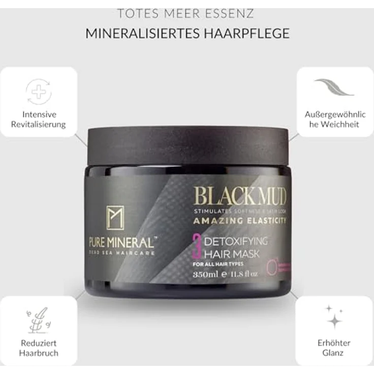 M PURE MINERAL DEAD SEA COSMETICS Pure Mineral Haarmaske mit Totes-Meer-Schlamm, feuchtigkeitsspendend, reinigend, beleben, ohne Sulfate, Parabene, Petrolatum, 350ml – Bild 2