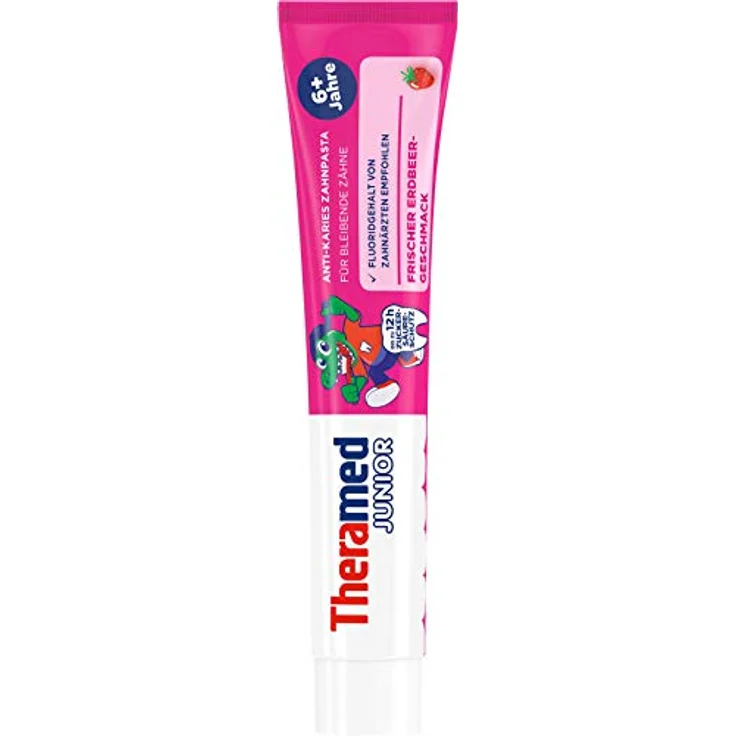 Theramed Junior Erdbeere mit Fluorid, 75 ml, für saubere und gesunde Zähne, speziell für Kinder – Bild 2