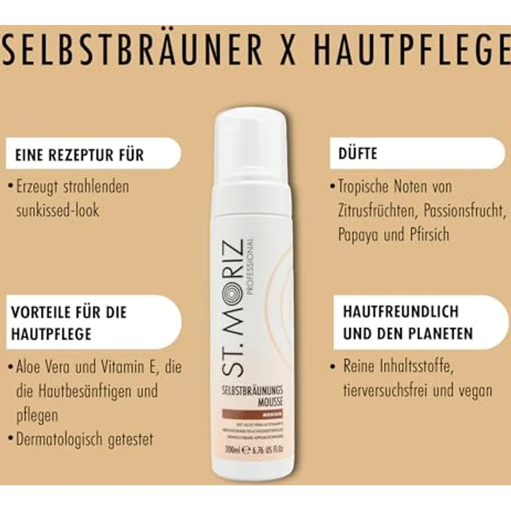 ST. MORIZ Professional Instant Tanning Mousse Medium, schnelltrocknendes Selbstbräunungsmousse mit Aloe Vera und Vitamin E, dermatologisch getestet, 200ml – Bild 2