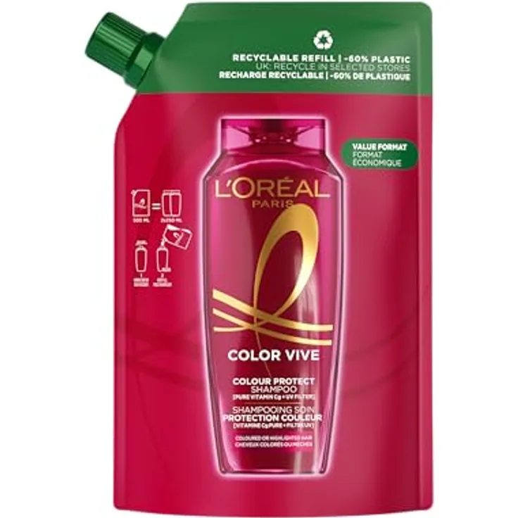 L'Oreal Paris Elvive Color-Vive Protective Shampoo Refill 500ML, intensive Farbbrillanz, für alle Haartypen, 60% weniger Plastikverbrauch