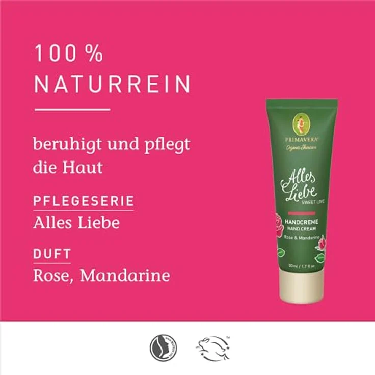 Primavera Alles Liebe Handcreme, 50 ml, mit Bio-Mandelöl und Bio-Cupuacu-Butter, natürliche Hautpflege für Damen – Bild 3