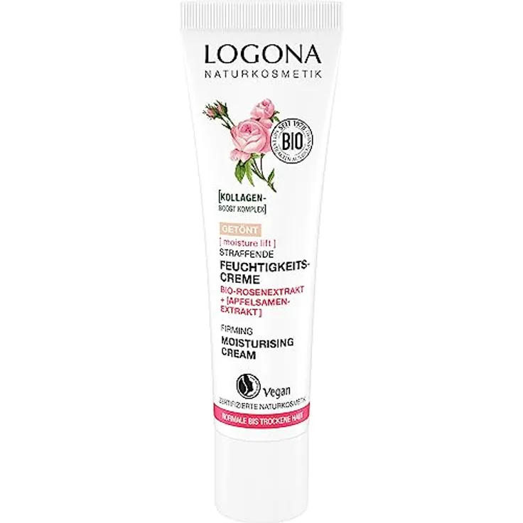 LOGONA Naturkosmetik straffende getönte Feuchtigkeitscreme, glättende Gesichtscreme mit veganem Bio-Rosenextrakt und Kollagen, Anti Aging Wirkung, Moisture Lift, 30ml