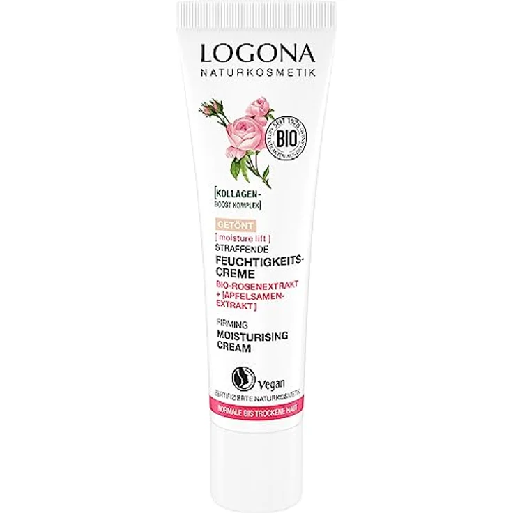 LOGONA Naturkosmetik straffende getönte Feuchtigkeitscreme, glättende Gesichtscreme mit veganem Bio-Rosenextrakt und Kollagen, Anti Aging Wirkung, Moisture Lift, 30ml – Bild 1