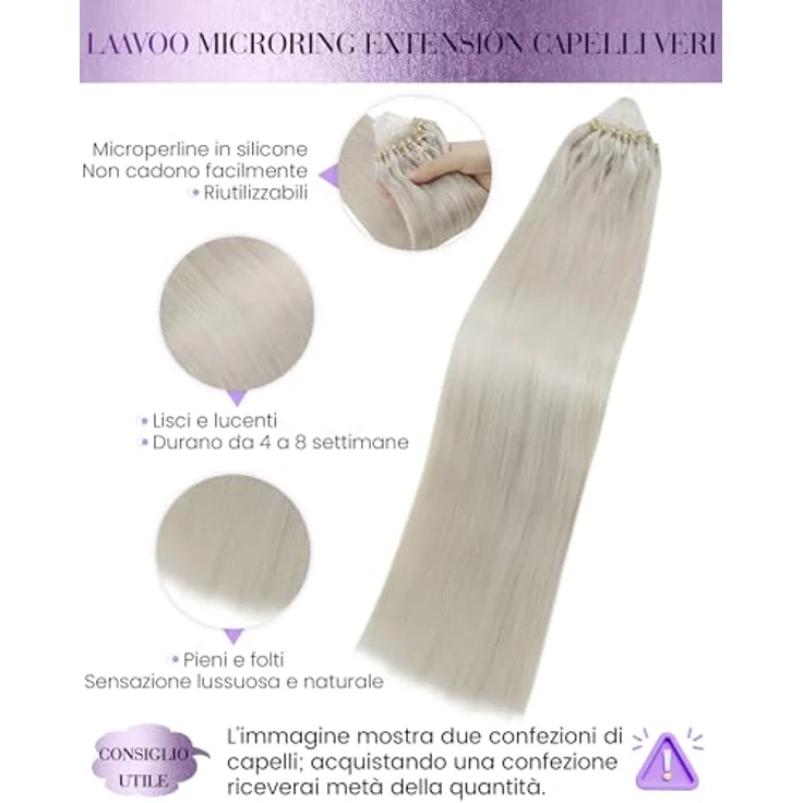 LaaVoo Blond Echthaar Extensions Microrings 1g/s, Platinblond 55cm, wiederverwendbar, hitzestyling-fähig, 50g – Bild 2