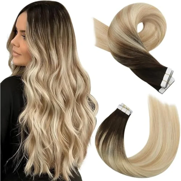 Moresoo Invisible Tape Extensions, 35 cm Echthaar Haarverlängerung in Dunkelbraun bis Karamellblond mit Platinblond, 20 Stück, 50g/Pack, seidig gerade #2/27/613 – Bild 1