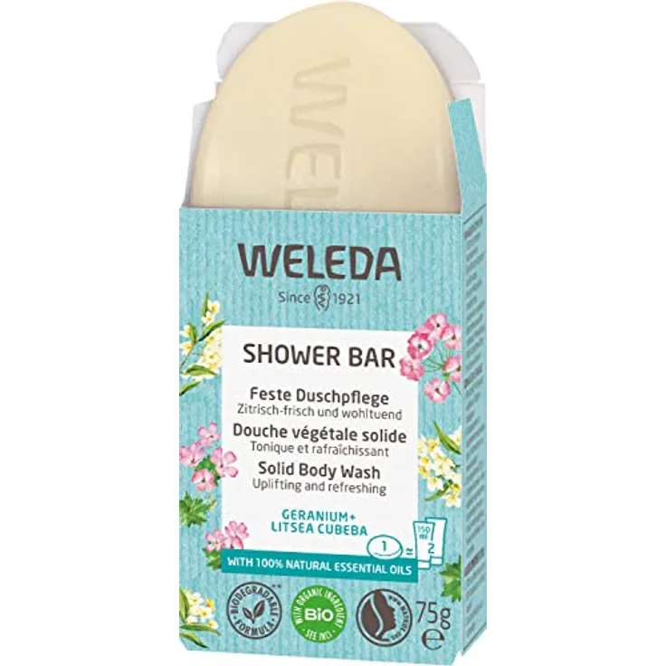 WELEDA Bio Festes Duschgel Geranium & Litsea Cubeba – feste Naturkosmetik Dusche mit Sheabutter & erfrischendem Duft. Natürliche Shower Bar Seife für Männer & Frauen. 100% Vegan (1x75g)