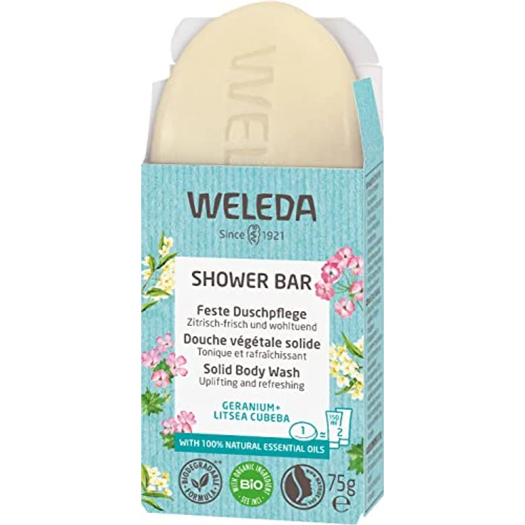 WELEDA Bio Festes Duschgel Geranium & Litsea Cubeba – feste Naturkosmetik Dusche mit Sheabutter & erfrischendem Duft. Natürliche Shower Bar Seife für Männer & Frauen. 100% Vegan & Plastikfrei (1x75g) – Bild 2