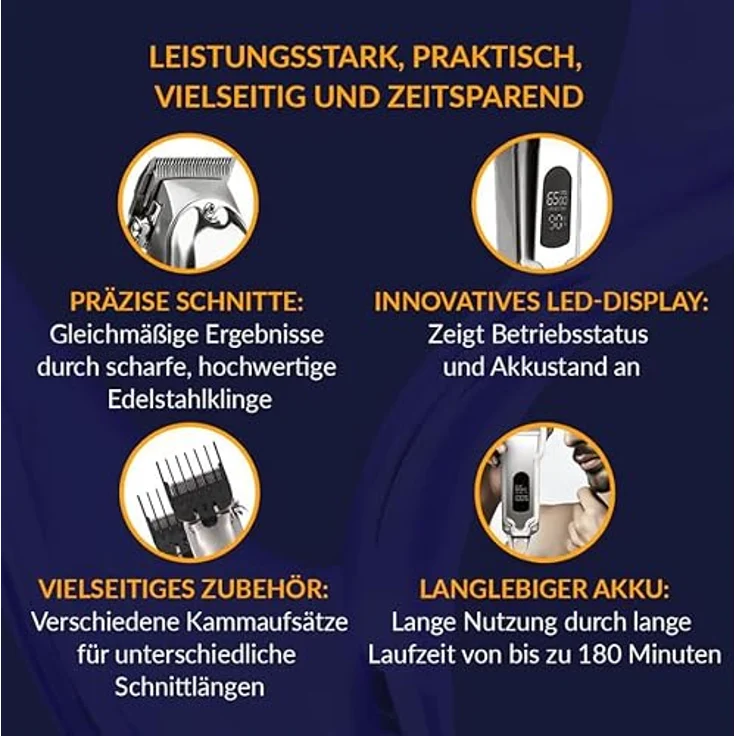 SIFUPLEX Fusionblade Profi Haarschneidemaschine, kabelloser Haartrimmer mit Edelstahlklinge, LED-Display, 3 Std Akku, 4 Aufsätzen für präzise Schnitte – Bild 5