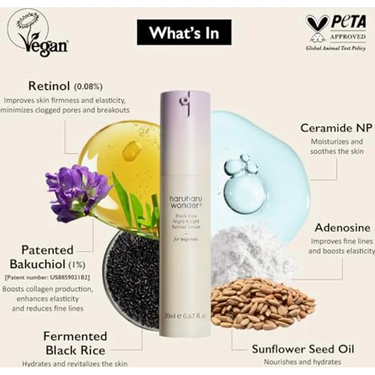 HARUHARU wonder Black Rice Night Knight Retinol Serum, 20ml für empfindliche Haut und Erstnutzer, feuchtigkeitsspendend und regenerierend – Bild 3