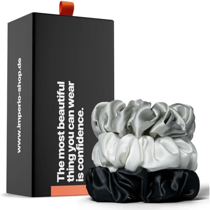 IMPERIO Seiden Scrunchies, 3er Set in Geschenkbox, 100% Maulbeerseide, 22 Momme Qualität, Classic (schwarz, weiß, hellgrau/silber)