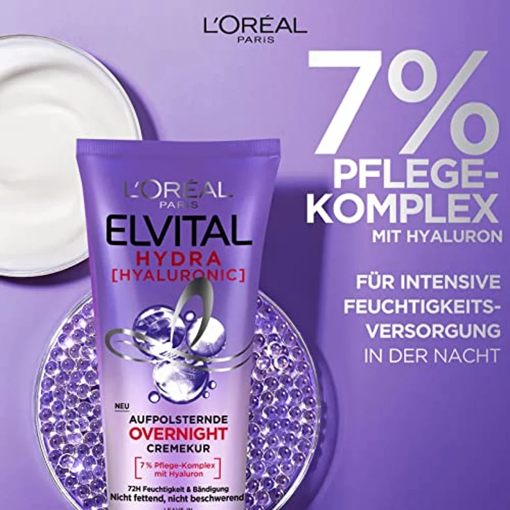L'Oréal Paris Elvital feuchtigkeitsspendende Haarmaske, Leave In für glänzendes und gesundes Haar über Nacht, Mit Hyaluron für einen Feuchtigkeitsboost, Hydra Hyaluronic Overnight Mask, 1 x 200 ml – Bild 3