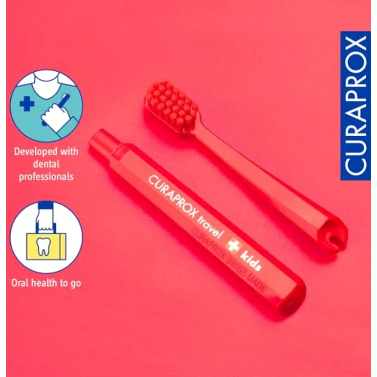 Curaprox Kids Travel Refill, Ersatz-Kopf für Kinderzahnbürsten, rot, 2er Pack mit feinen Borsten und lustigem Design – Bild 4
