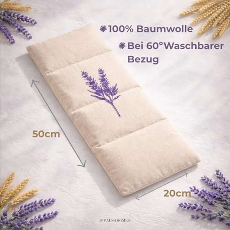 Strauss Home® Körnerkissen groß – Mikrowellengeeignetes Wärmekissen mit natürlichen Weizenkörnern und Lavendel für Nacken, Schultern und Rücken – 20x50 cm – Bild 4